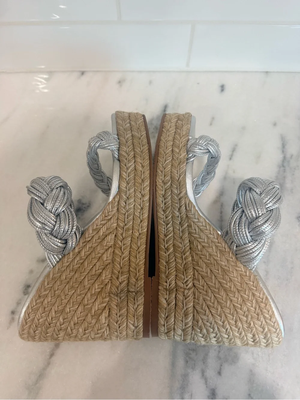 Stuart Weitzman Silver Braided Rope Strap Espadrille Wedge Sandals Spain 6.5